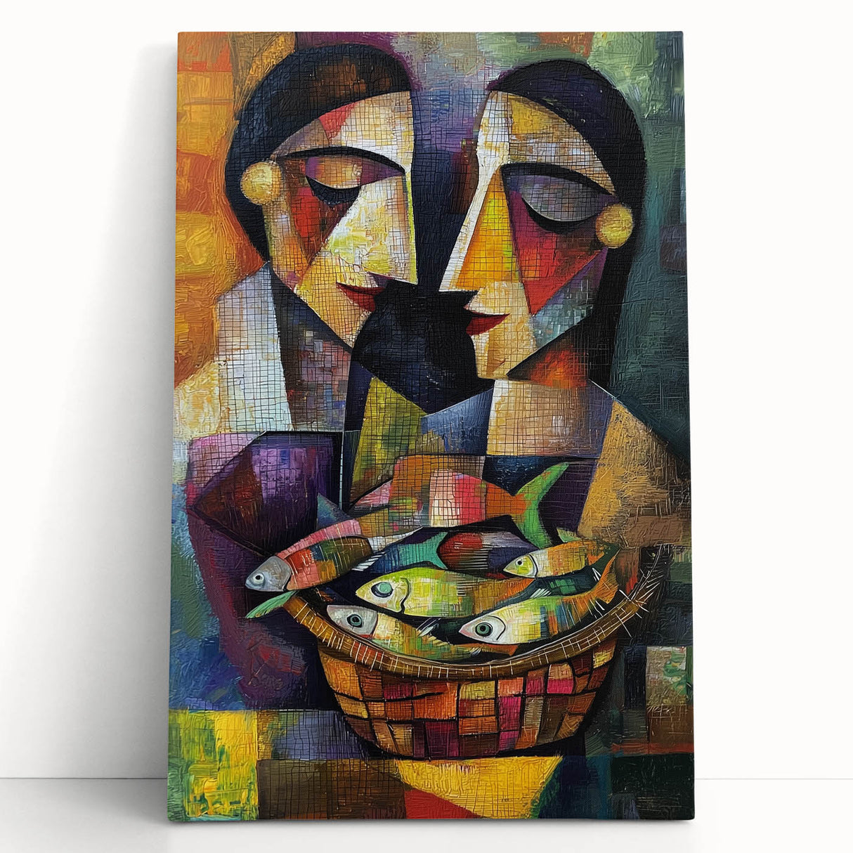 Abstract figurative stretched canvas artwork featuring vibrant colors and dynamic shapes, leaning against a neutral wall, ideal for modern home decor.