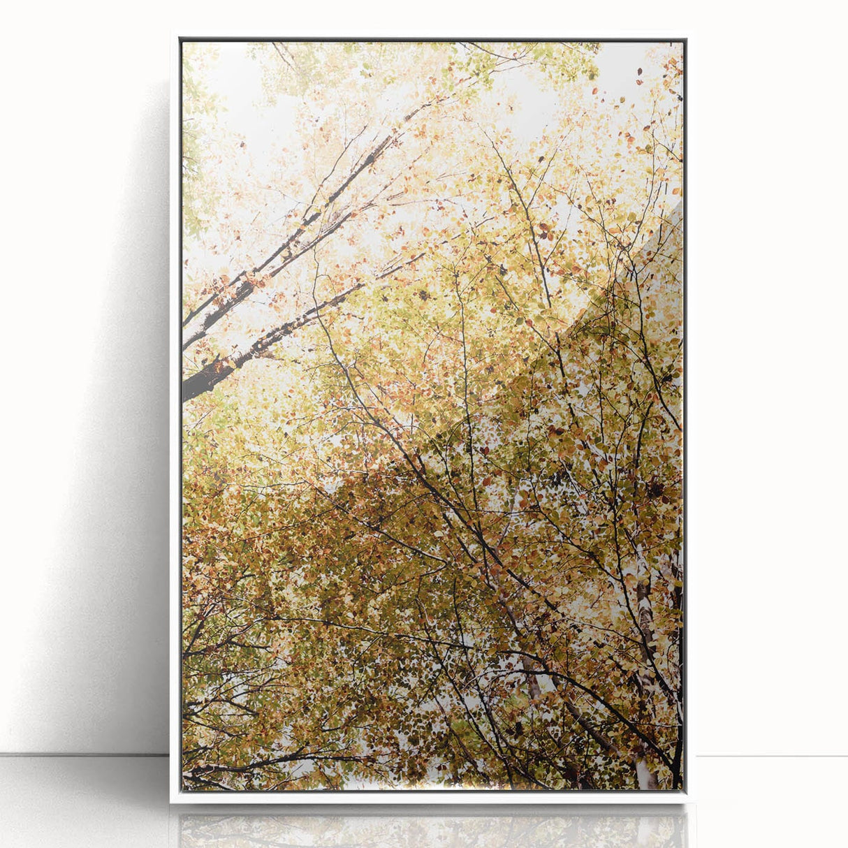 Art deco poster depicting a stylized fall scene in orange and brown hues on a framed acrylic panel.