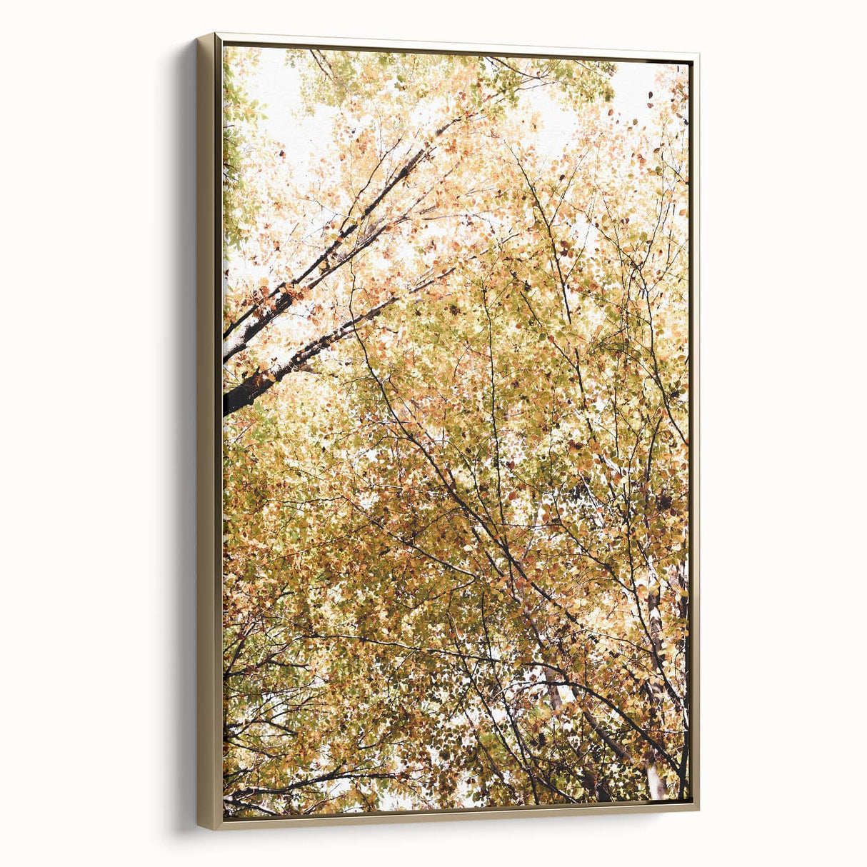 Framed canvas featuring a vintage-style landscape painting with autumnal trees in gold and black tones.