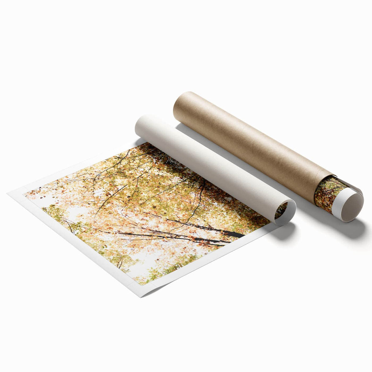 Large rolled canvas print featuring a detailed floral design in autumnal orange and brown tones.