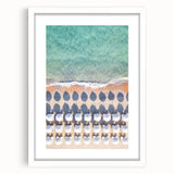 Abstract art print featuring vibrant summer colors on a white-framed canvas, ideal for dining room decor.