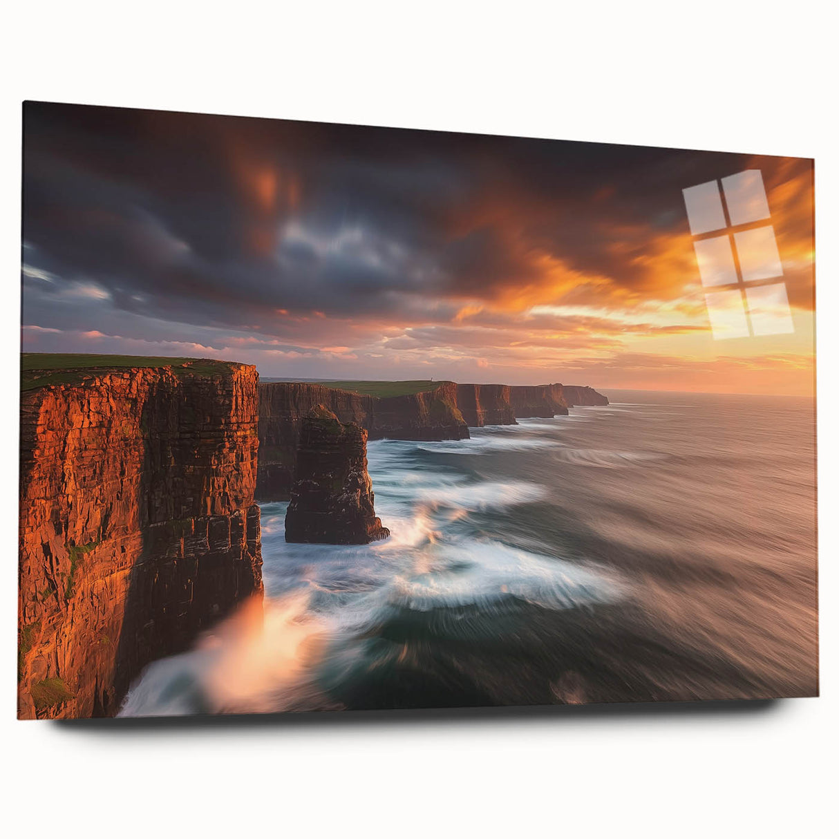 Acrylic wall art depicting a serene landscape of cliffs and ocean waves, showcasing vibrant colors and intricate details, perfect for modern home decor.