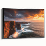 Framed canvas print depicting a stunning landscape of majestic cliffs, featuring rich colors and detailed textures. The artwork is displayed in a sleek black frame, enhancing its visual appeal and making it ideal for home decor.