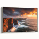 Framed canvas artwork depicting a dramatic landscape of cliffs in muted tones, showcasing a silver frame that enhances the natural beauty of the scene. Perfect for modern home decor.