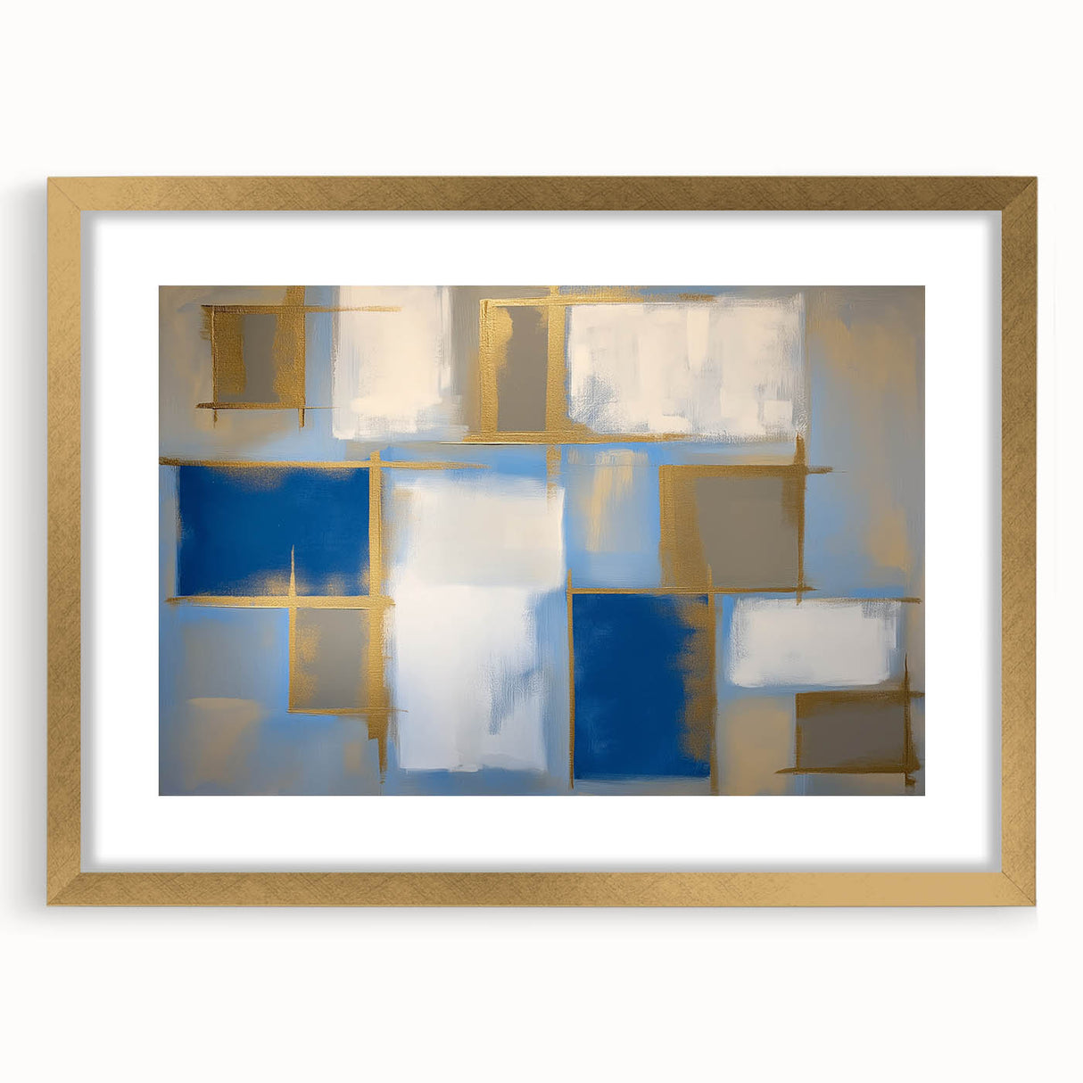 Modern Geometric Abstract - Blue & Gold Living Room Wall Art