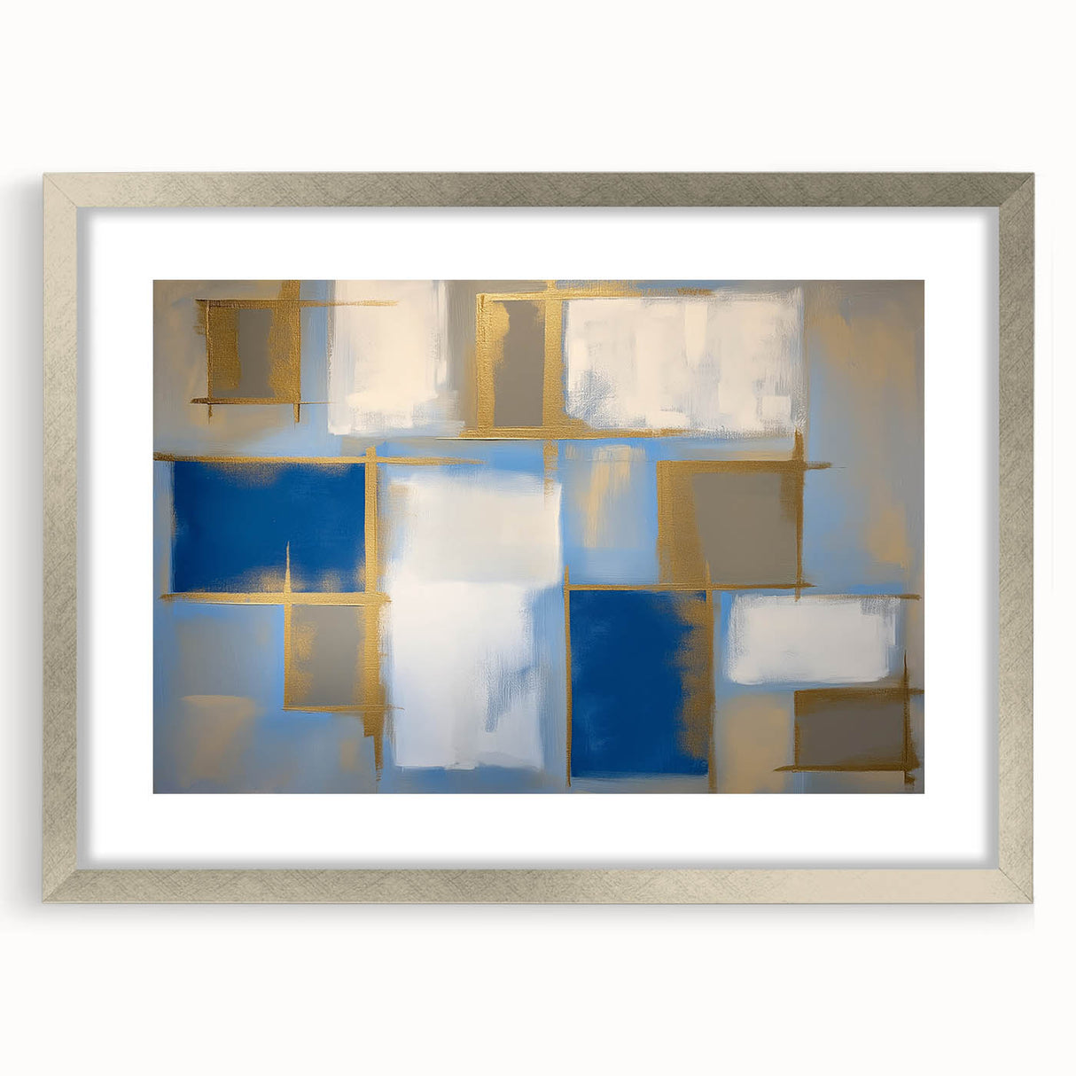 Modern Geometric Abstract - Blue & Gold Living Room Wall Art