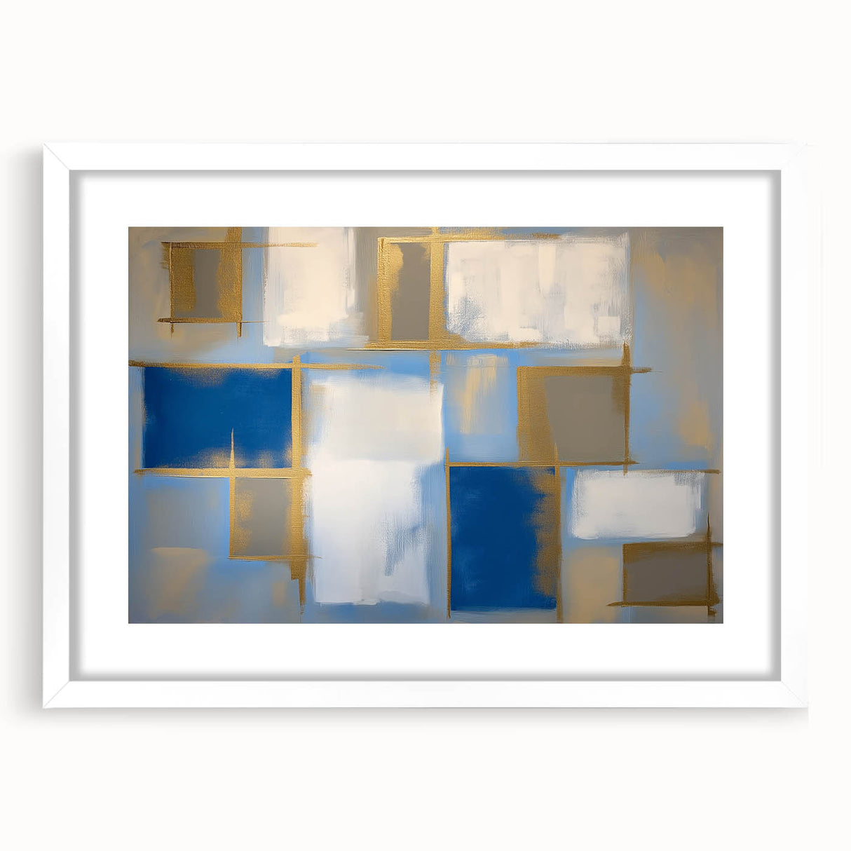 Modern Geometric Abstract - Blue & Gold Living Room Wall Art