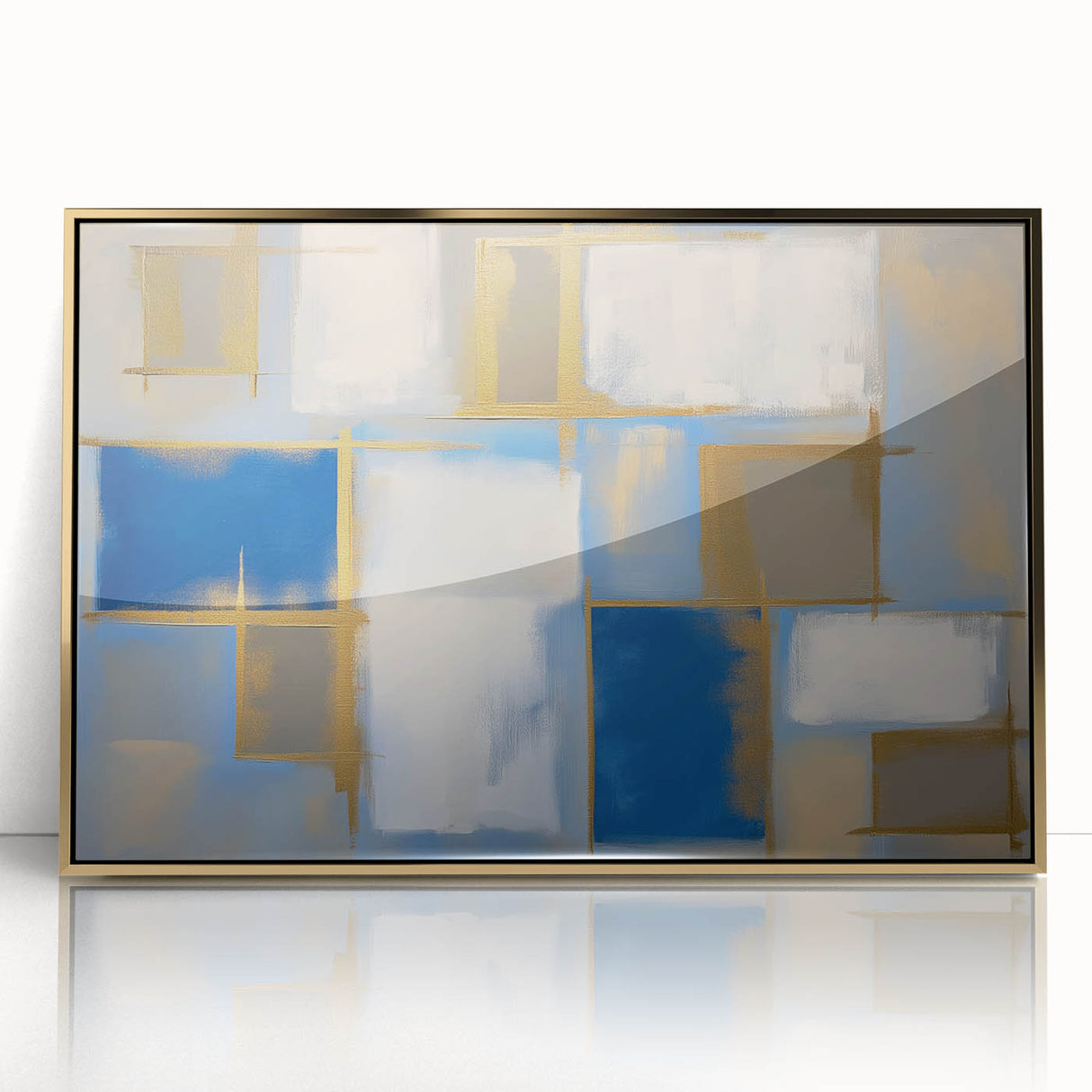 Modern Geometric Abstract - Blue & Gold Living Room Wall Art