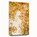 Large abstract wall art on acrylic glass depicting swirling autumn hues, ideal for bedroom or dining room decor.