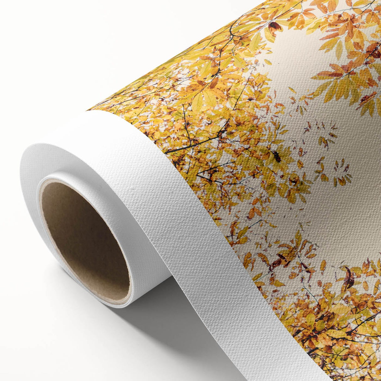 Art Deco poster featuring an autumnal forest scene on rolled canvas, using warm orange and red tones.