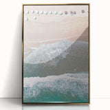 Mid-century modernist summer scene in vibrant colors on a gold-framed acrylic, ideal for nursery wall art.