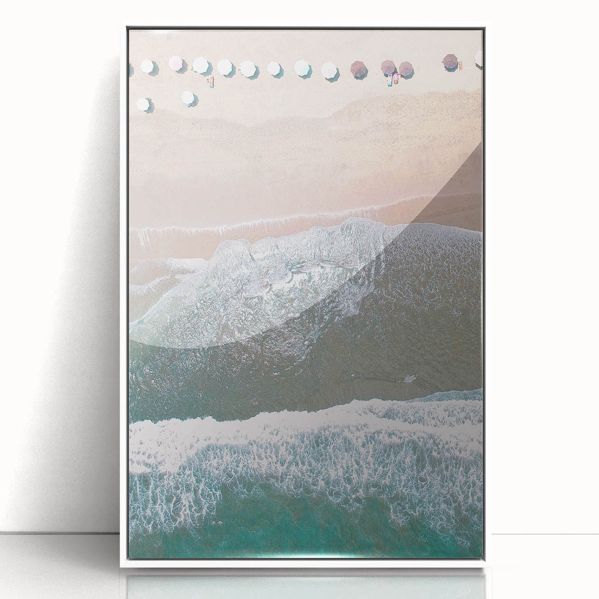 Art deco poster featuring a summer theme in pastel colors on a white framed acrylic, suitable for modern nursery decor.