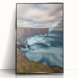 Framed acrylic artwork of a dramatic cliff landscape, featuring vibrant colors and intricate details, ideal for modern home decor or office settings.