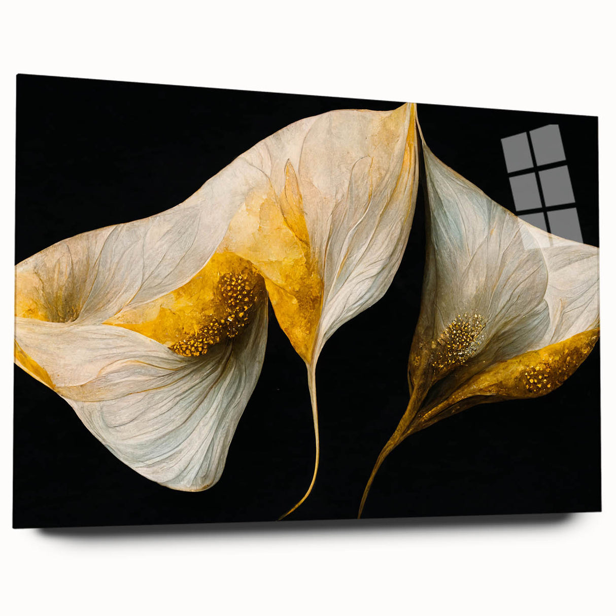 Abstract floral wall art displayed in a sleek acrylic glass frame, showcasing vibrant colors and intricate designs, perfect for modern home decor.