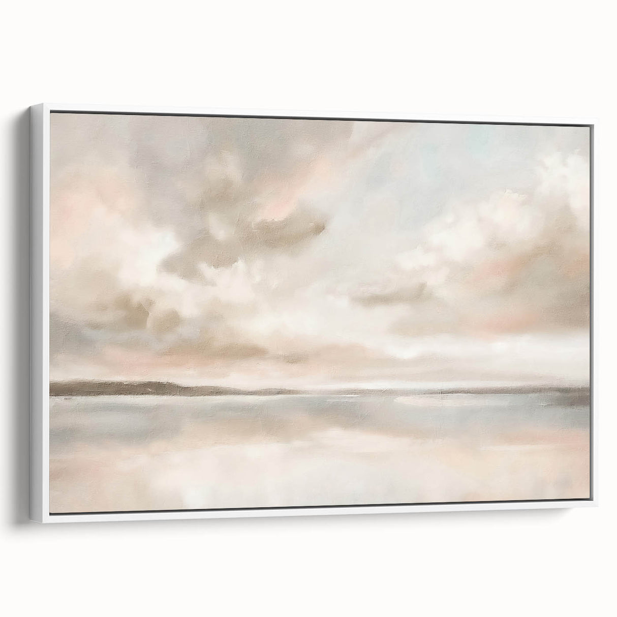 Framed canvas wall art depicting an abstract landscape in soothing tones of blue and white, showcasing a modern aesthetic. Ideal for enhancing contemporary home decor.