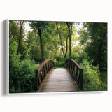 Framed canvas artwork depicting a serene landscape bridge in a white frame, showcasing vibrant colors and detailed scenery, ideal for home decor.