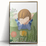 Calm Boys Room Wall Art – Child Relaxing with Snail and Flowers