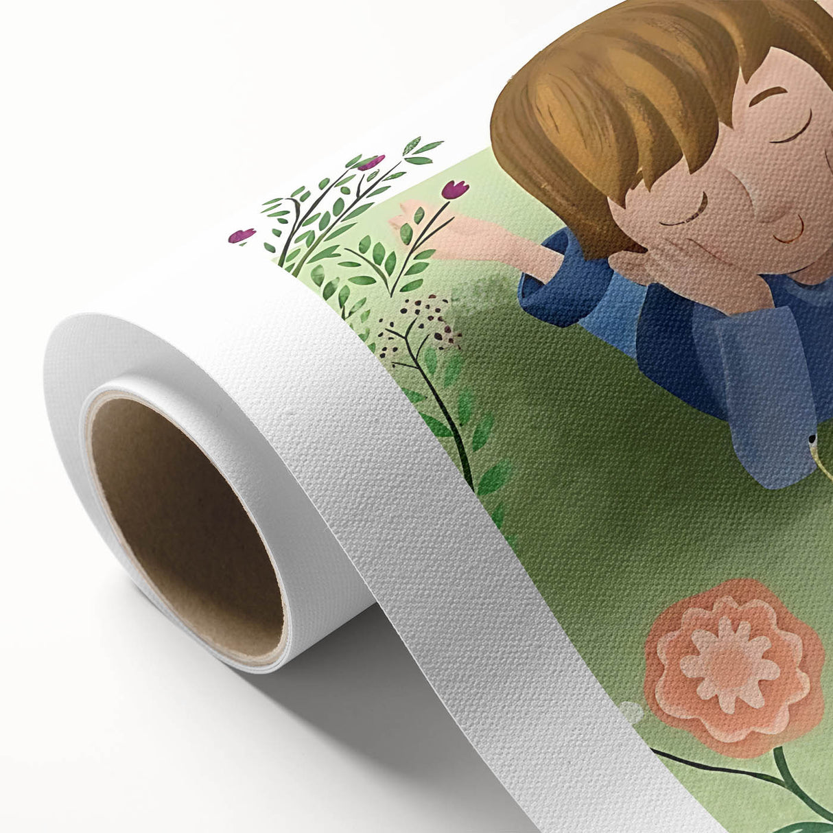 Calm Boys Room Wall Art – Child Relaxing with Snail and Flowers