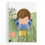 Calm Boys Room Wall Art – Child Relaxing with Snail and Flowers