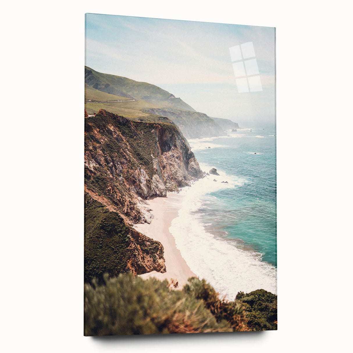 Large abstract wall art in vibrant summer hues on acrylic glass, ideal for bedroom or dining room decor.