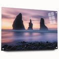 Acrylic landscape artwork showcasing dramatic cliffs in vibrant colors, displayed in a sleek glass frame, ideal for modern home decor. Perfect for enhancing interior aesthetics with a touch of natural beauty.