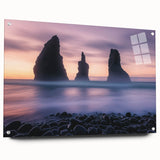 Acrylic landscape artwork showcasing dramatic cliffs in vibrant colors, displayed in a sleek glass frame, ideal for modern home decor. Perfect for enhancing interior aesthetics with a touch of natural beauty.