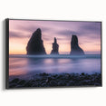 Framed canvas artwork showcasing a stunning cliff landscape with vibrant colors, displayed from a black side view, perfect for home decor enhancement.