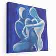 Abstract figurative stretched canvas artwork showcasing vibrant colors and dynamic shapes, displayed in a side view to highlight its depth and texture, ideal for modern decor.