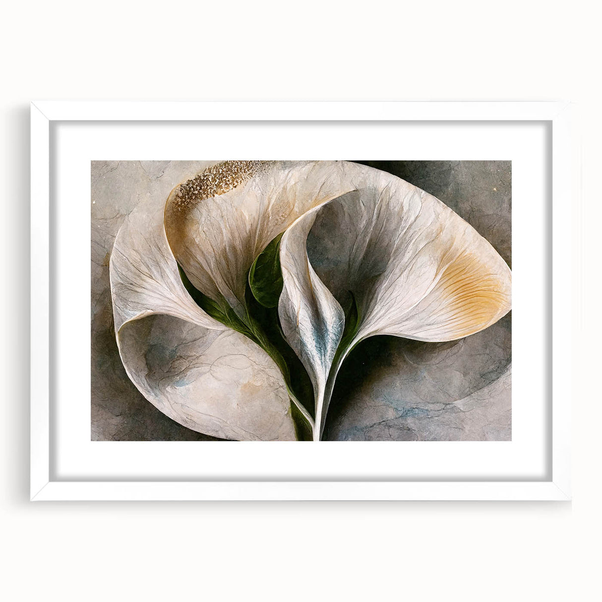 Abstract floral wall art framed in white with a mat, showcasing vibrant colors and intricate designs, perfect for enhancing modern home decor aesthetics.