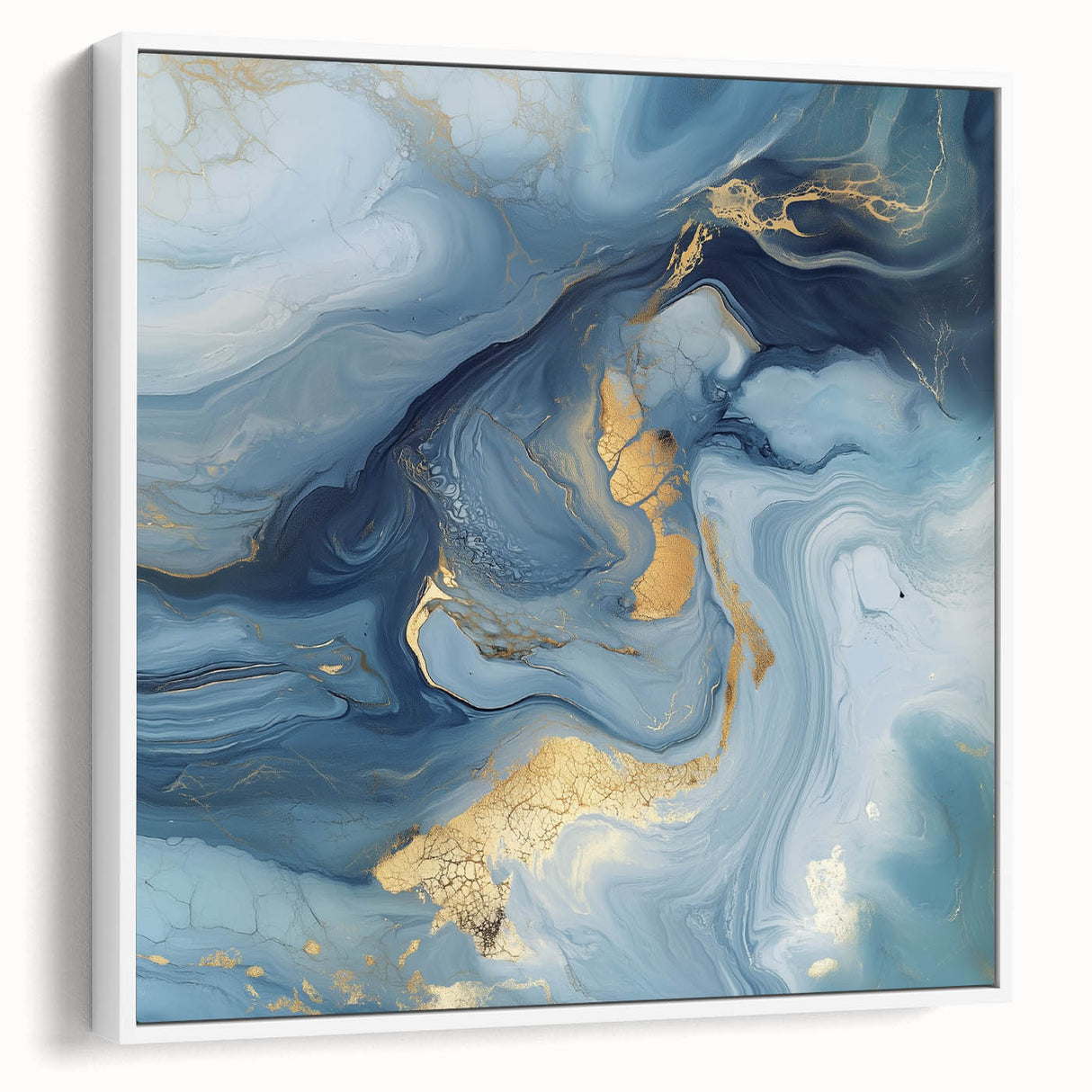 Fluid Abstract Wall Art – Sky Blue, Navy & Gold Marble-Inspired Canvas