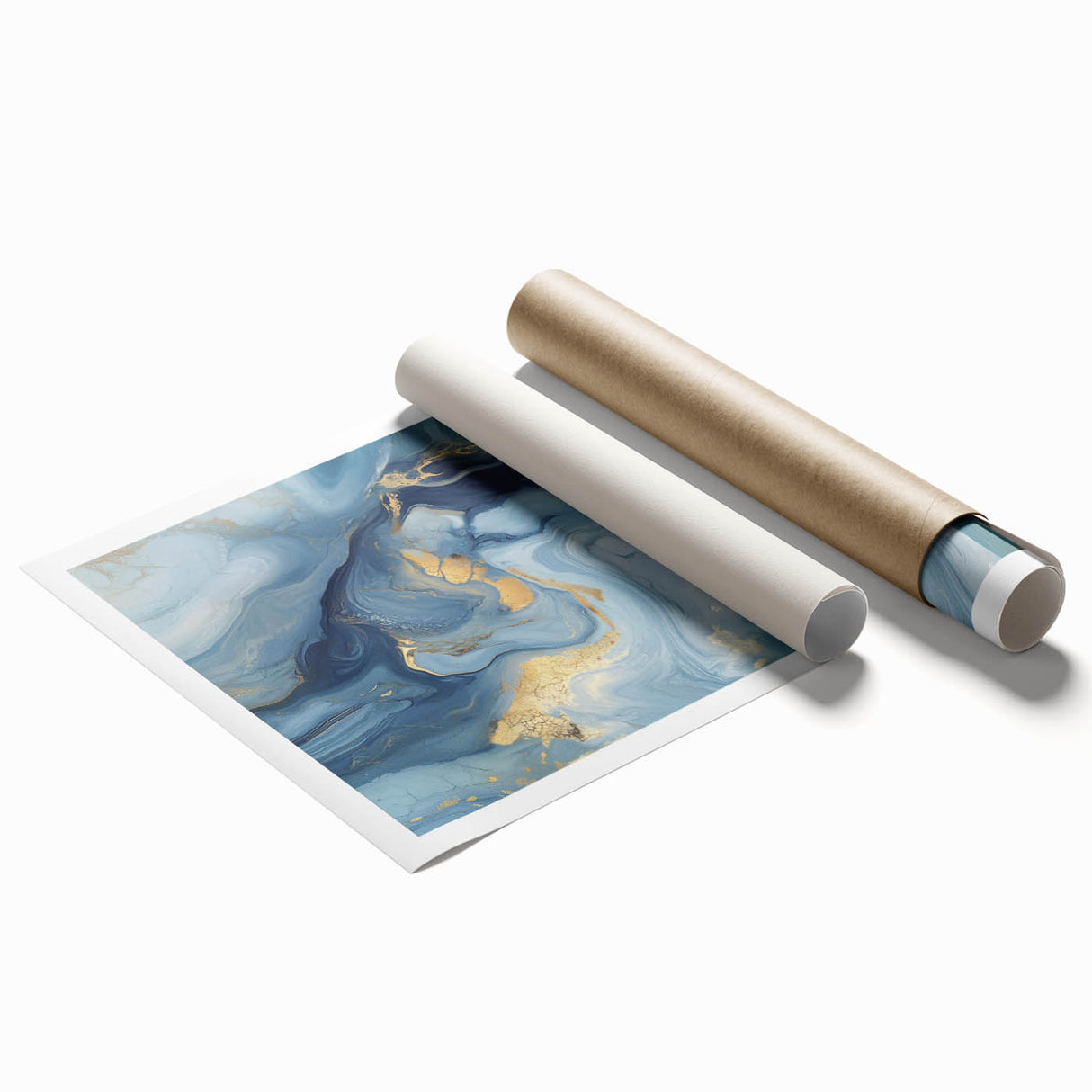 Fluid Abstract Wall Art – Sky Blue, Navy & Gold Marble-Inspired Canvas