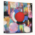 Abstract geometric acrylic glass design showcasing vibrant colors and sharp angles, viewed from the side with decorative pins, ideal for modern art enthusiasts.