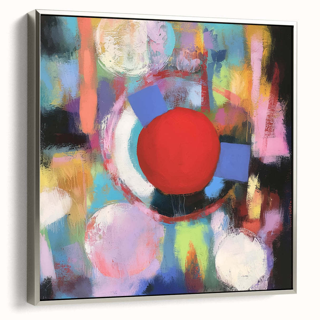 Abstract geometric framed canvas artwork showcasing a silver color palette and intricate patterns, elegantly displayed from a side view for a modern aesthetic. Ideal for contemporary home decor and art enthusiasts seeking unique wall art solutions.