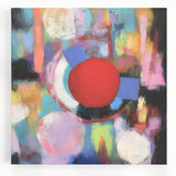 Abstract geometric stretched canvas artwork in vibrant colors, featuring sharp angles and fluid shapes, perfect for modern home decor or office spaces.