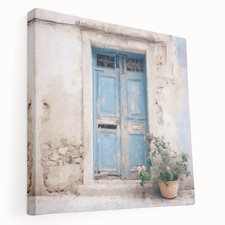 Side view of a large stretched canvas featuring a Greek door design in neutral tones, ideal for kitchen wall art.