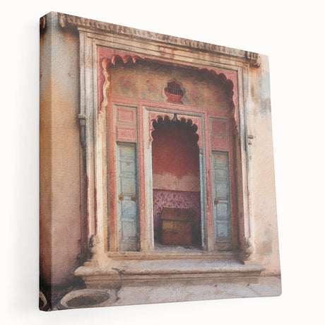 Indian architecture door design on a large stretched canvas, in earthy tones, suitable for kitchen wall art.