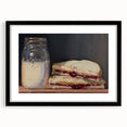 Extra large abstract art print of colorful pastries in various shapes, framed in black, ideal for living room decor.