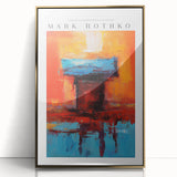 Large art print of a Mark Rothko-inspired abstract in red and orange tones on acrylic, framed in gold.