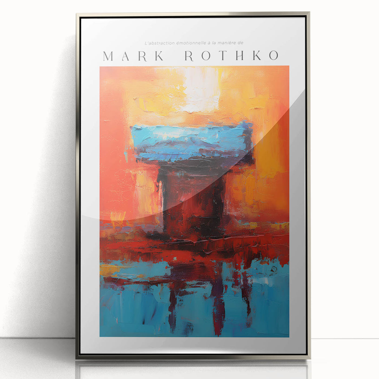 Mid-century modernist art featuring Rothko-inspired blocks in muted red and orange on a framed acrylic print.