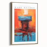 Modern landscape painting in muted blues and blacks on framed canvas, suitable for bedroom decor.