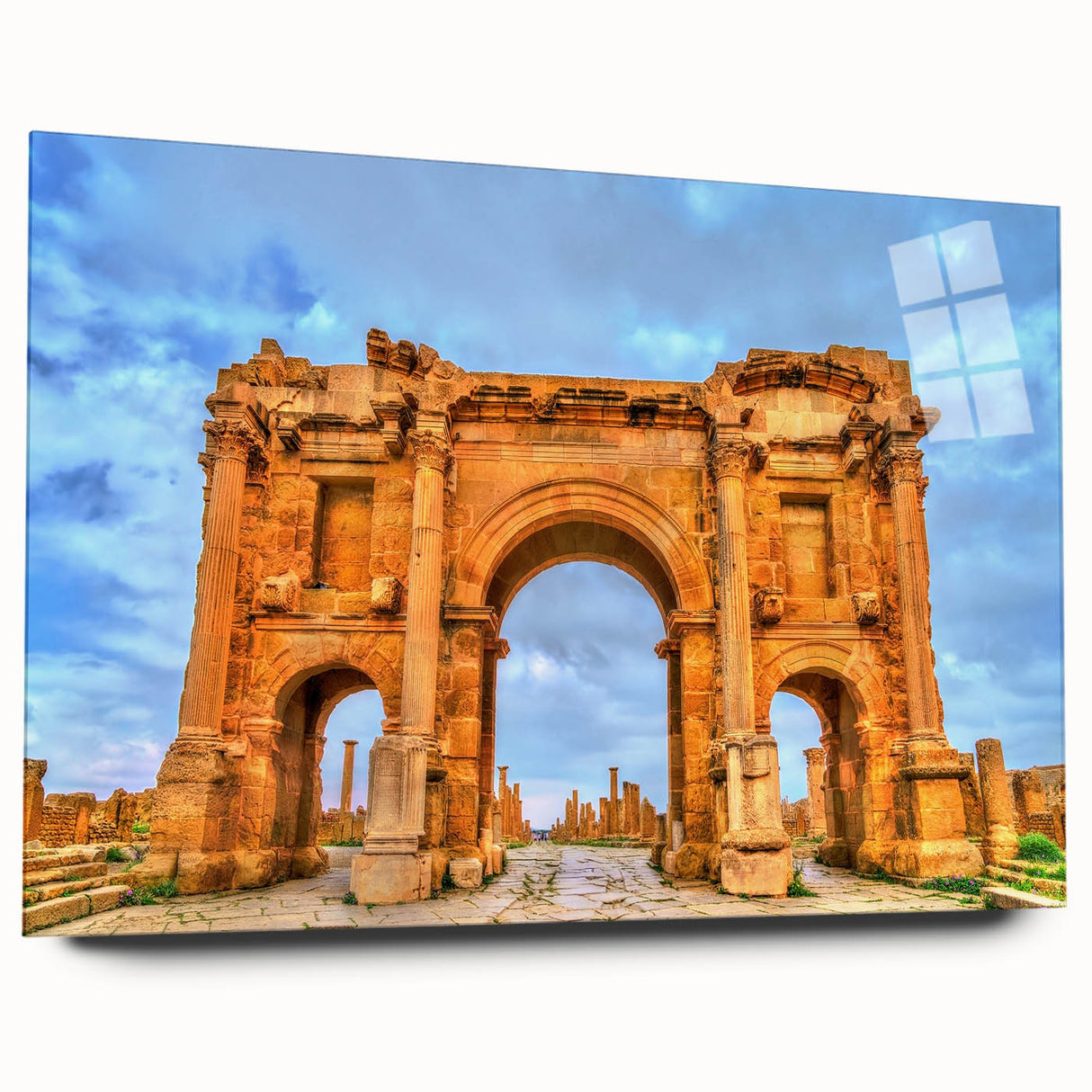 Large abstract depiction of Algerian scenery in muted earth tones on acrylic glass.
