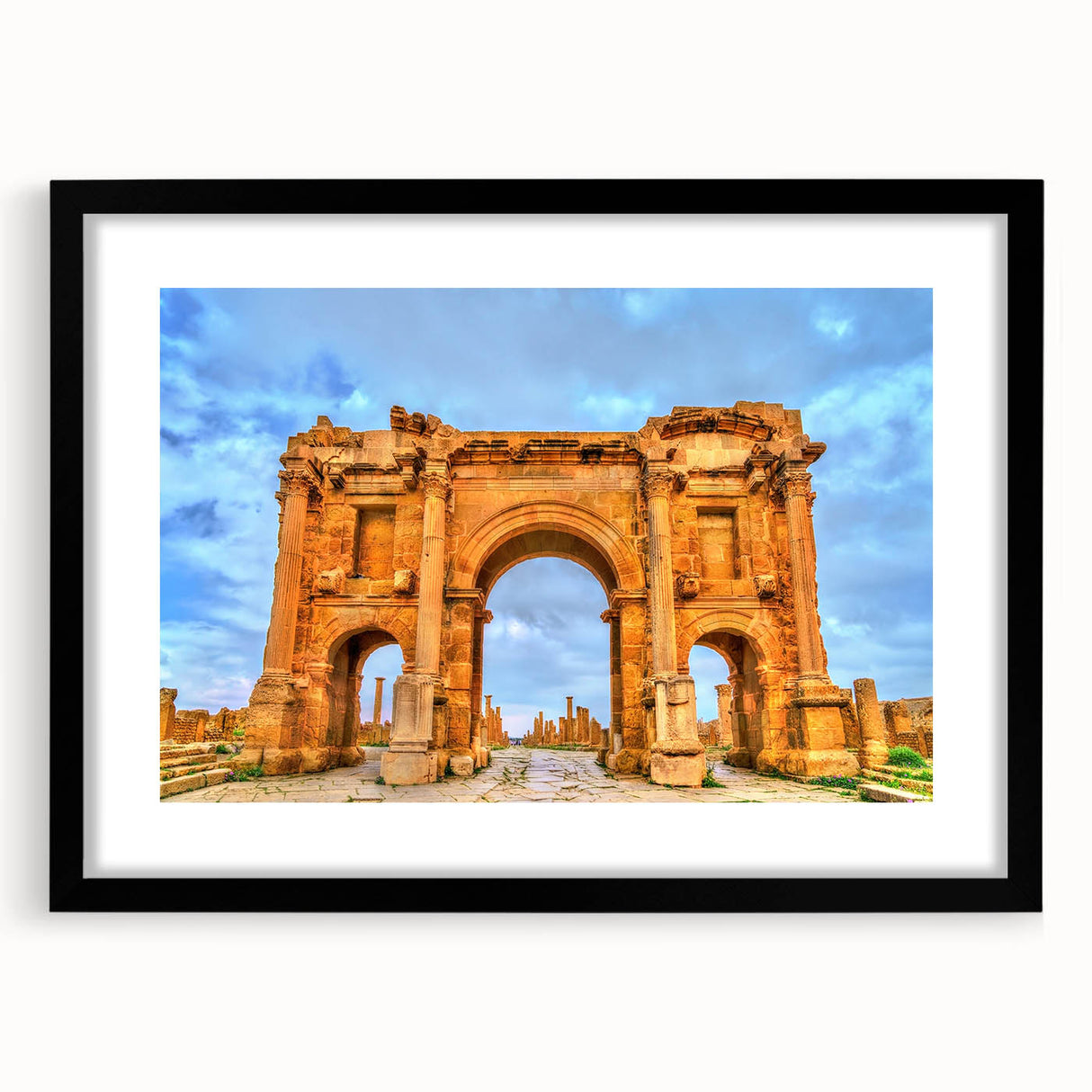 Extra large abstract art print depicting a colorful, textured scenery of Algeria on a black framed canvas.