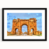 Extra large abstract art print depicting a colorful, textured scenery of Algeria on a black framed canvas.