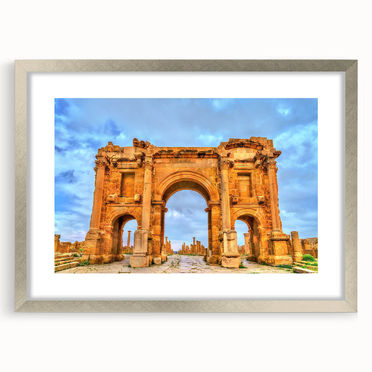 Abstract art print of Algerian scenery in silver frame, featuring earthy tones, ideal for dining room decor.