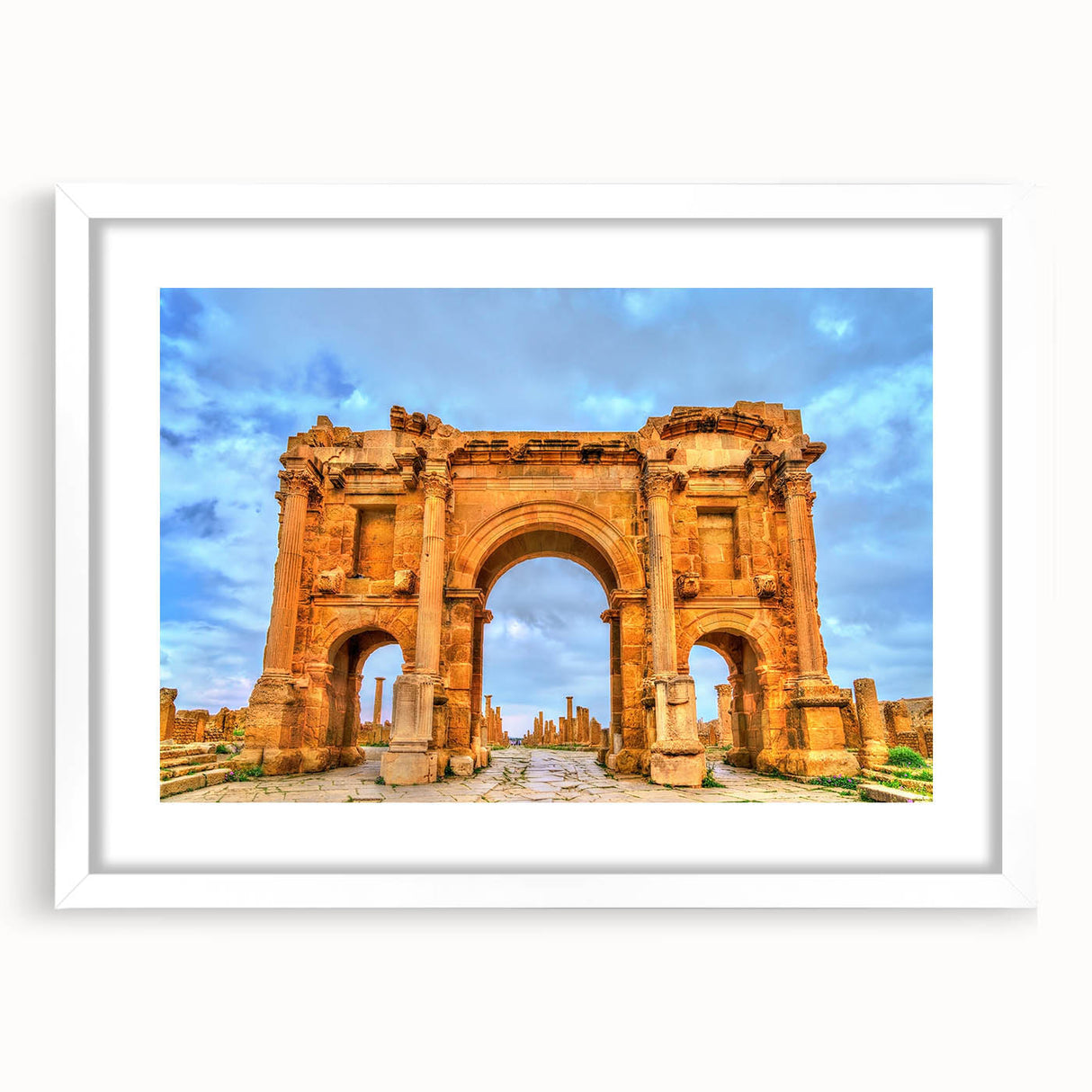 Extra large textured abstract art print of Algerian scenery in muted earth tones, framed with a white mat.