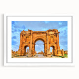 Extra large textured abstract art print of Algerian scenery in muted earth tones, framed with a white mat.