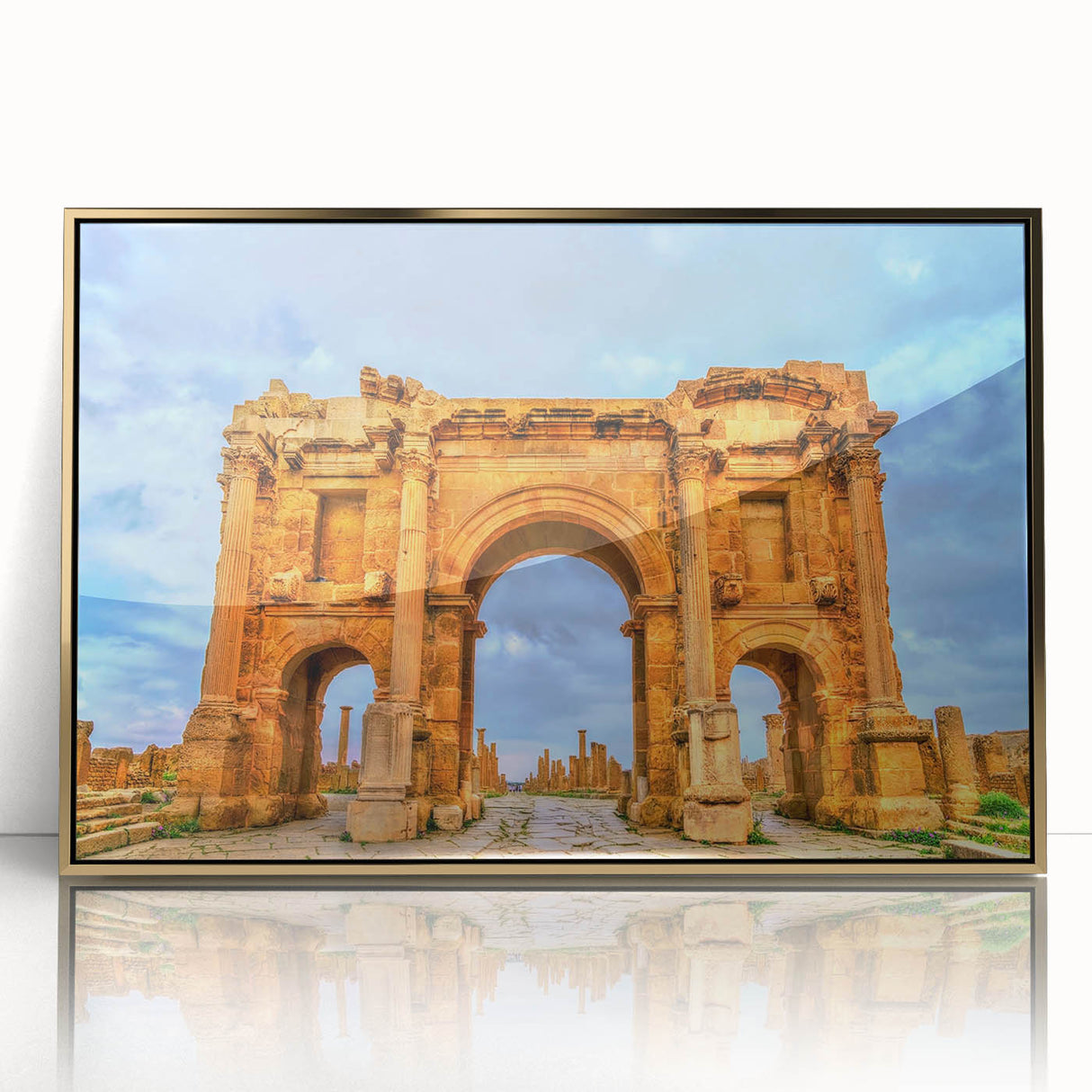Mid-century modernist art depicting an Algerian landscape on a gold-framed acrylic, ideal for nursery wall art.