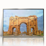 Art deco poster of an Algerian landscape in muted earth tones on a silver-framed acrylic, ideal for modern nursery decor.