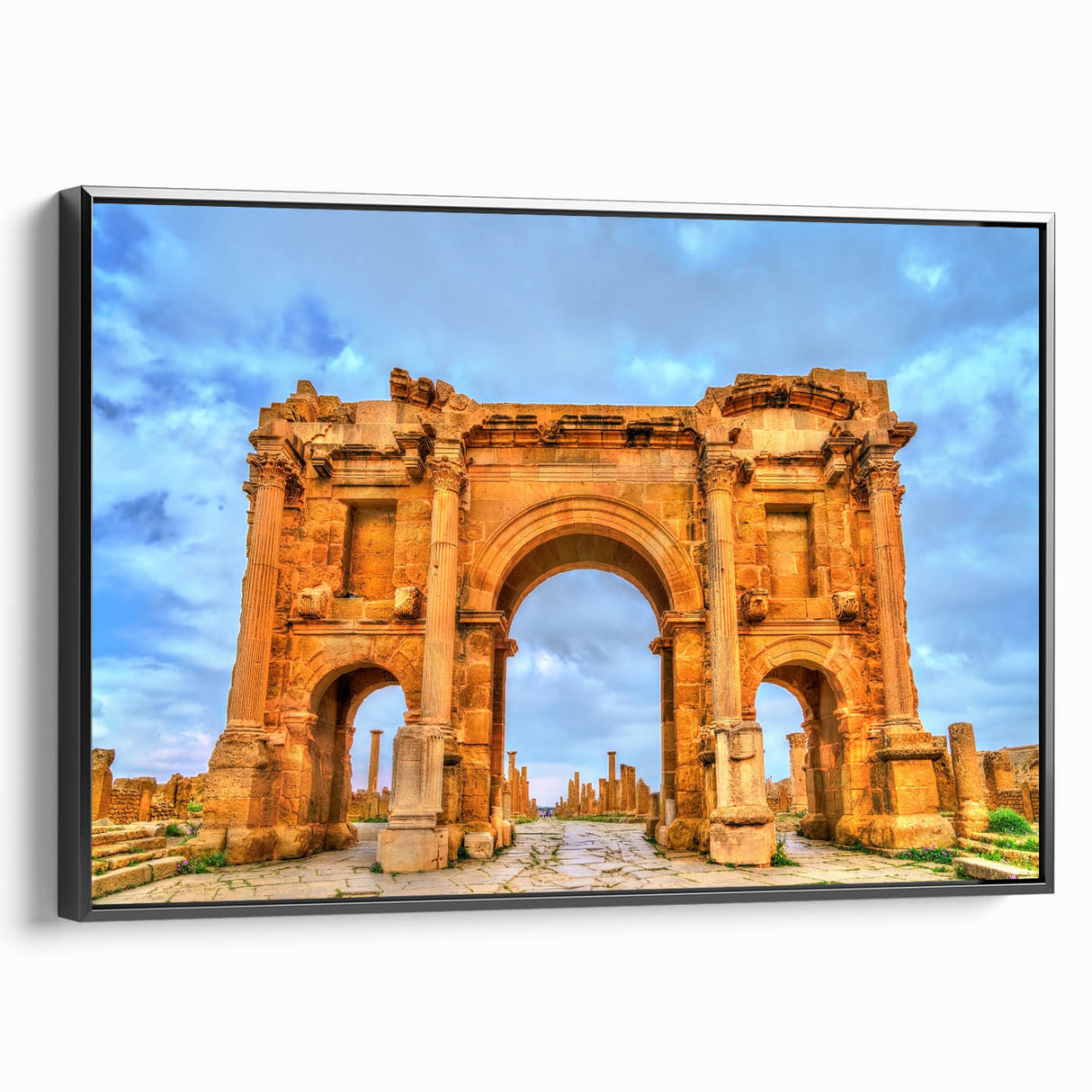 Black and white vintage poster art of an Algerian landscape on framed canvas, ideal for bedroom decor.