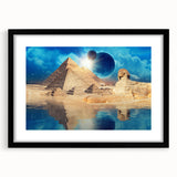 Extra large abstract art print of a colorful, textured Egyptian scenery on a black framed canvas.